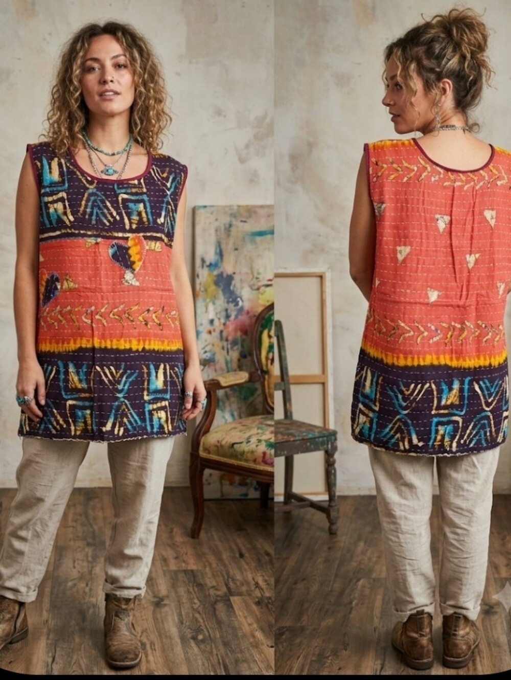 Upcycled Kantha Tunic Top M-XL Reversible Handmade Dont Throw It Out